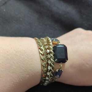 Gold Tone Chain Black Grey Clear Rhinestone Chunky Statement Bracelet
